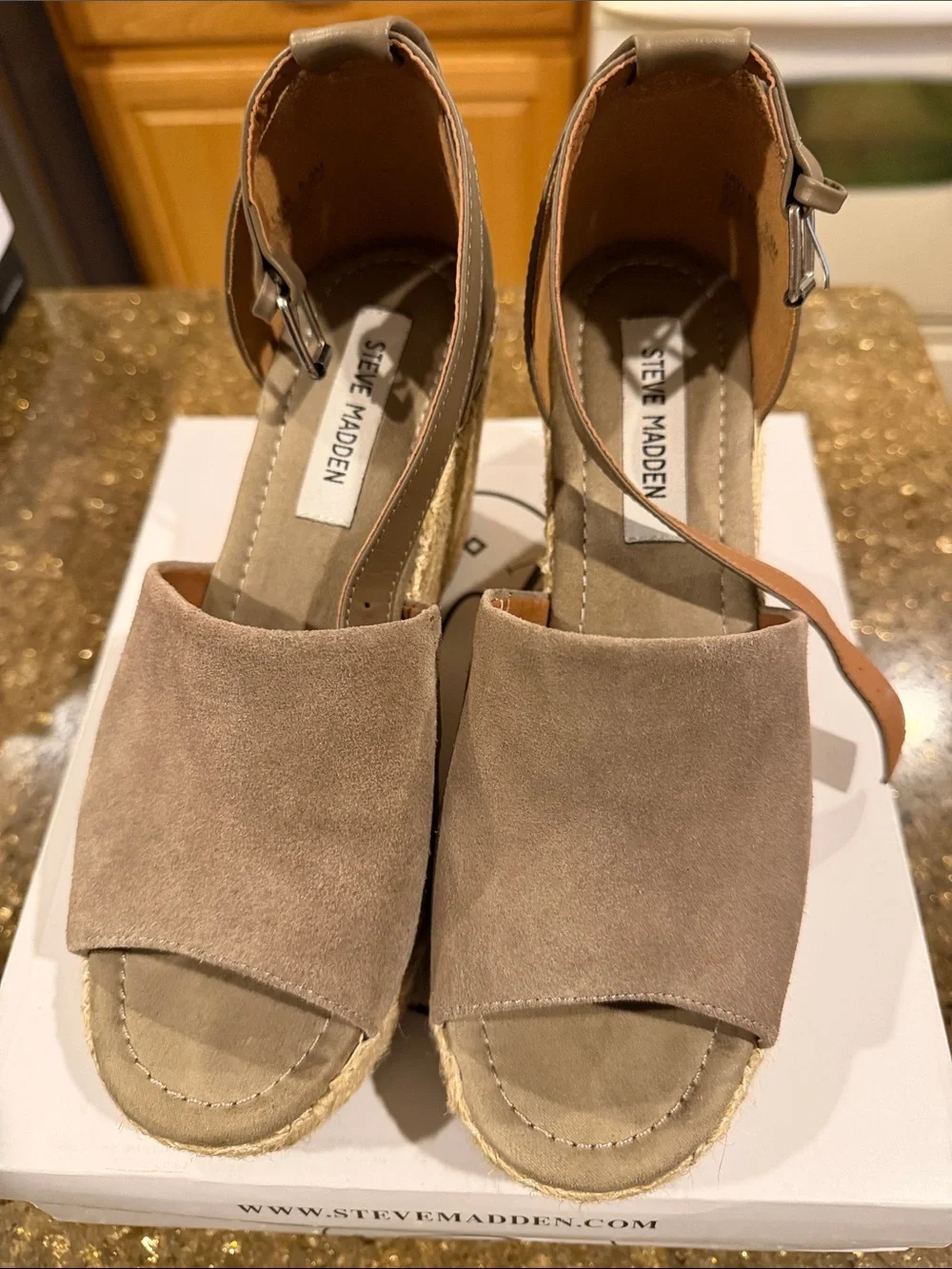 Steve Madden Jaylen Taupe Suede Espadrille Wedge Sandal with Ankle Strap 8.5